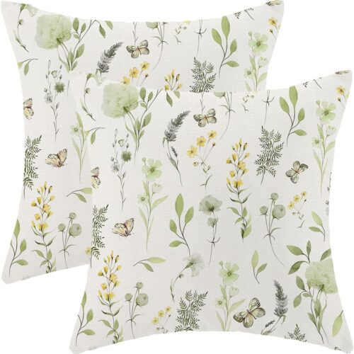 Spring Pillow Covers 16x16 Inch Set of 2, Sage Green Yellow Wild Flower Throw Pillows Case,Colorful Seasonal Floral Plant Outdoor Decorative Farmhouse Decor Cushion Covers for Sofa Bed Couch
