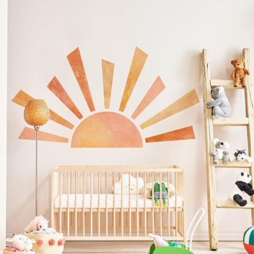 53x29.9 Inch Boho Half Sun Wall Decal - Watercolor Mural, Modern Vinyl Removable Peel and Stick Sticker for Classroom, Living Room, Bedroom, Playroom Decor