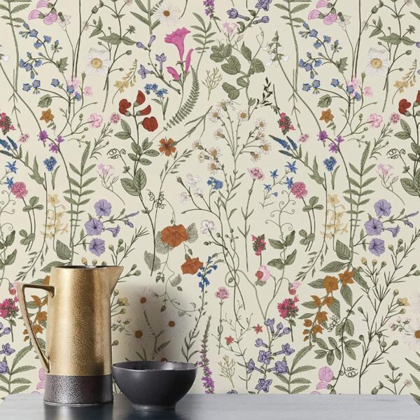 Wallpaper Self-Adhesive Blooming Vintage Colourful Flowers Wall Paper for Bedroom Living Room Cabinet, Peel and Stick Beige Sketch Little Flowers Wallpaper Mural 14.2 sq. feet (118.1"x17.3") 1
