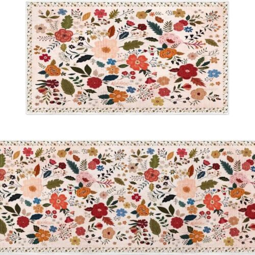 Boho Floral Kitchen Rug Sets of 2 Non Slip Washable Spring Kitchen Mats for Floor 2 Piece Colorful Flower Farmhouse Kitchen Rugs Home Decor