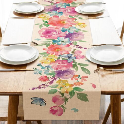 Spring Summer Watercolor Flower Table Runner, Floral Butterfly Kitchen Dining Table Decoration, Seasonal Burlap Indoor Outdoor Home Decor Party Supply 13 x 72 Inches