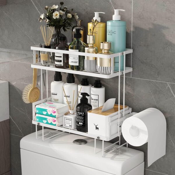 Bathroom Organizer - Over The Toilet Storage Cabinet, 2-Tier Floating Shelves, Wall Shelf with 2 Hooks & Paper Rack, Cool Accessories & Decor, Gifts for Women, Mothers Day (White) 1