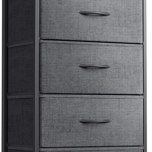 Dresser for Bedroom with 4 Storage Drawers, Small Dresser Chest of Fabric Drawers with Sturdy Steel Frame, Wood Top, Dark Grey
