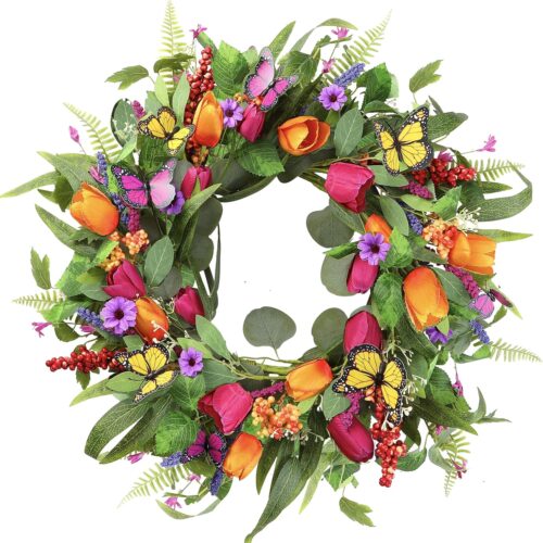Spring Summer Wreath for Front Door 22 Inch Artificial Tulips Wreath with Eucalyptus Leaves Lavender Ferns Colorful Silk Flowers Butterflies for Home Farmhouse Indoor Outdoor Wall Decor
