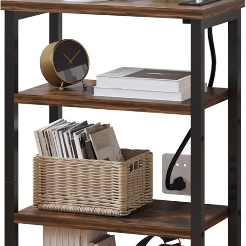 Narrow Nightstand with 4-Tier Shelves, Small Side Table with Charging Station, Skinny Nightstand with Bookshelf, Thin End Table with USB Ports and Outlets, Bed Side Table for Bedroom, Home Office