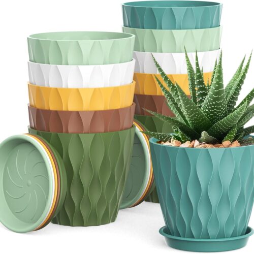 4 Inch Small Pots for Plants, 12 Pack Waffle Texture Small Plant Pots for Succulents, Plastic Planter with Drainage Holes and Saucers for Indoor Outdoor Plants, Flowers, Herbs, Seedlings, Colorful