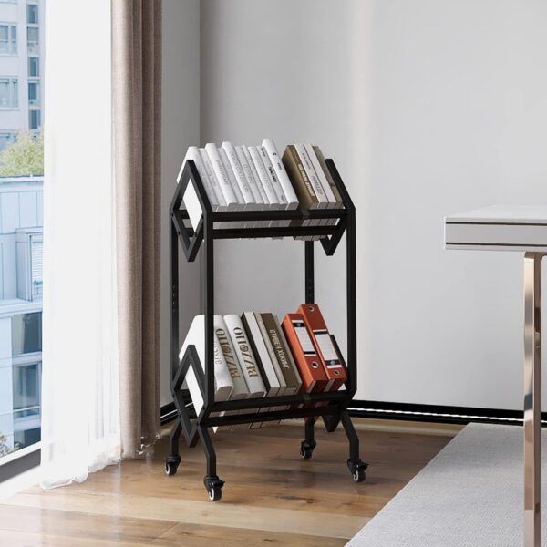 Bookshelf Book Rack Industrial Metal Bookcase 2 Tier Holder with Wheels Modern Stylish Design Magazines Files Album Recipe Book Storage Organizer for Sofa End Bed Beside 2