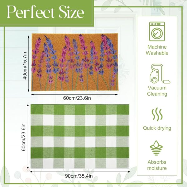 2 Pcs Spring Lavender Welcome Door Mat 24'' x 35'' Green White Plaid Outdoor Rug and 24'' x 16'' Lavender Coir Doormat Non Slip Floral Floor Mat for Outside Entrance Front Porch 2