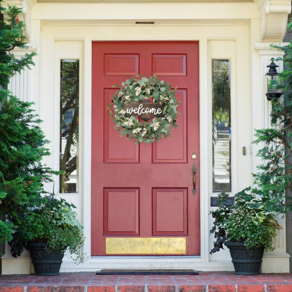 Green Eucalyptus Wreath with Welcome Sign 20in Artificial Spring Summer White Berries for Front Door Wall Window Festival Farmhouse Porch Patio Garden Decor, White,green 2