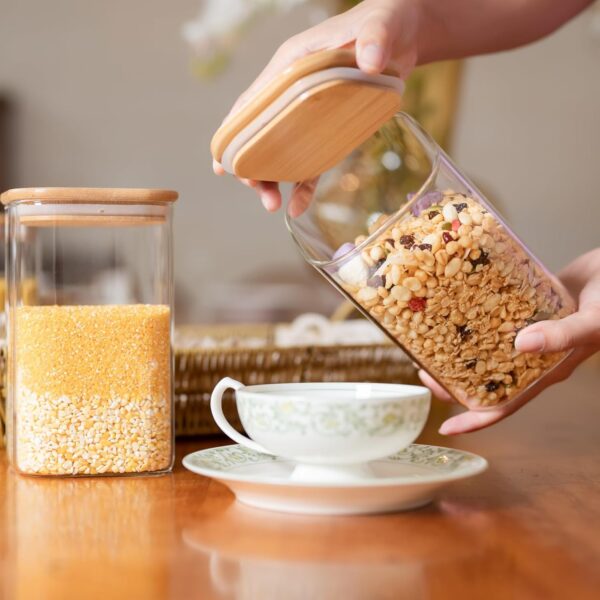 Glass Food Storage Jars 37 oz Set of 6,Glass Storage Containers Clear Glass Food Canister with Bamboo Lid Airtight For Serving Tea, Coffee, Flour, Sugar, Candy, Cookie, Spice and More (Square) 2