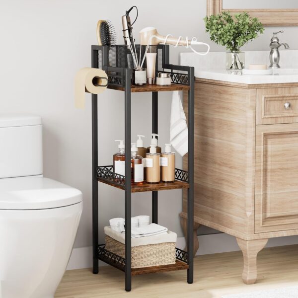 Bathroom Storage and Organizer Shelf Hair Dryer Holder, 9.85in 3-Tier Narrow Metal Standing Rack with Toilet Paper Holder, Corner Stand for Cosmetic, Vanity, Kitchen, Laundry Rustic Brown 2