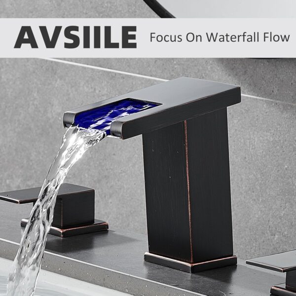 LED Bathroom Faucet 3 Hole, Oil Rubbed Bronze Waterfall Bathroom Faucets, 8 Inch Widespread Modern Bathroom Sink Faucet & Parts, Wide Spread Touch On Three Hole 2 Handle Bathroom Vanity Faucet 2
