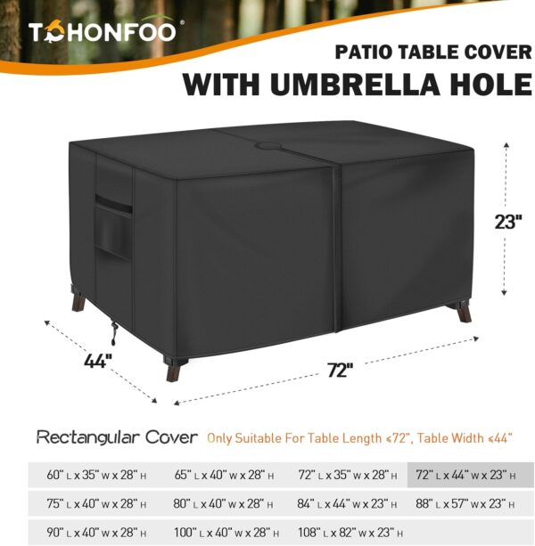 Rectangular Patio Table Cover with Umbrella Hole 72"L x 44"W x 23"H (COVER SIZE,NOT TABLE SIZE) Heavy Duty Waterproof Black Set Tarpaulins 2