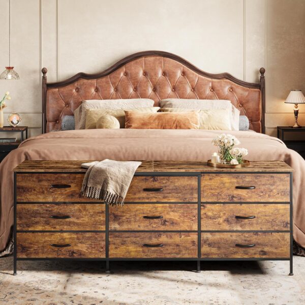 63 Inch Dresser for Bedroom, Dresser for Closet with 9 Drawers, Large TV Stand for 55, 65, 70 Inch TV, Entertainment Center with Storage, Wide Long Chest of Drawers, Rustic Brown 2