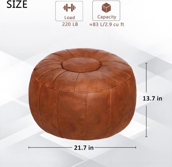 Unstuffed Moroccan Storage Pouf Foot Stool Ottoman Seat Handmade Faux Leather Bean Bag Floor Chair Foot Rest for Living Room, Bedroom or Balcony (Light Brown) 2