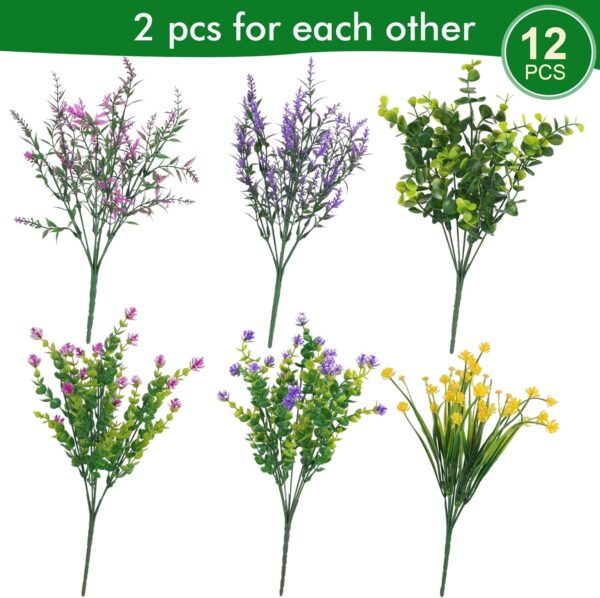 Artificial Flowers Outdoor, Faux Artificial Plants UV Resistant Plastic Flower Bulk for Hanging Planter Porch Window Home Wedding Fall Summer Decor (12, Fuchsia, Purple, Yellow, Green) 2