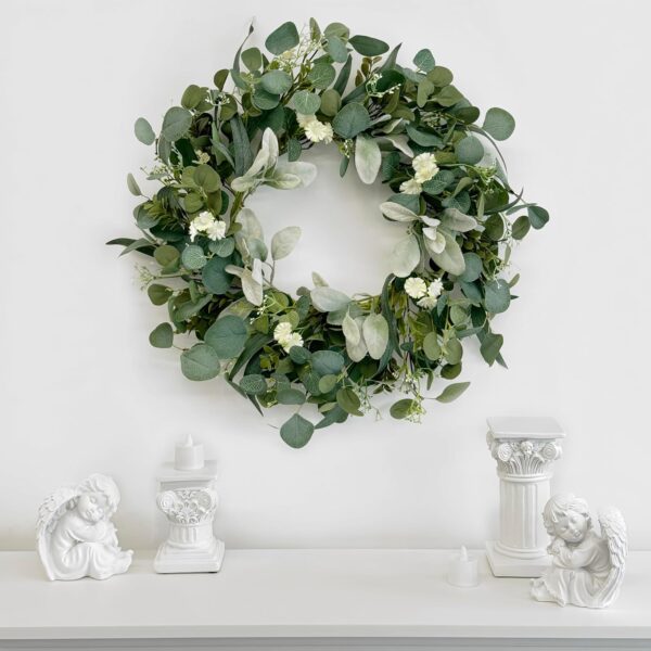 22 Inch Eucalyptus Wreath for Front Door with Hello Sign, Artificial Spring Summer Greenery Wreaths with Lambs Ear & Willow Leaves, All Season Farmhouse Wall Window Porch Decor 2