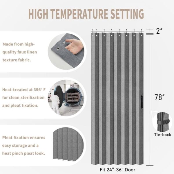 Closet Curtain for Open Closet, Pleated Folding Curtains for Doorway, Privacy Room Divider for Separation,1 Panel with Tieback, W39 x L78, Grey 2