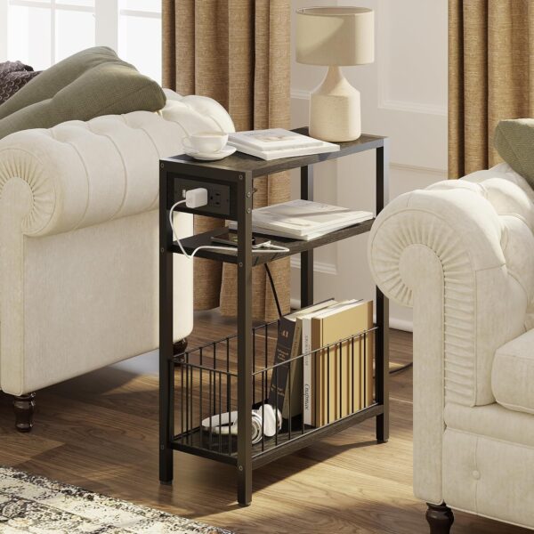 arrow Side Table with Charging Station, Small End Table for Small Spaces, Slim Nightstand with Storage Basket, 3 Tier Skinny Bedside Table for Living Room, Bedroom, Black 4