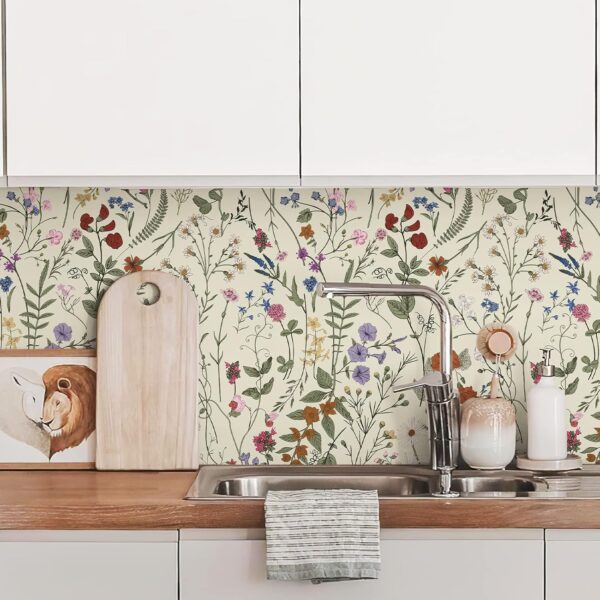 Wallpaper Self-Adhesive Blooming Vintage Colourful Flowers Wall Paper for Bedroom Living Room Cabinet, Peel and Stick Beige Sketch Little Flowers Wallpaper Mural 14.2 sq. feet (118.1"x17.3") 2