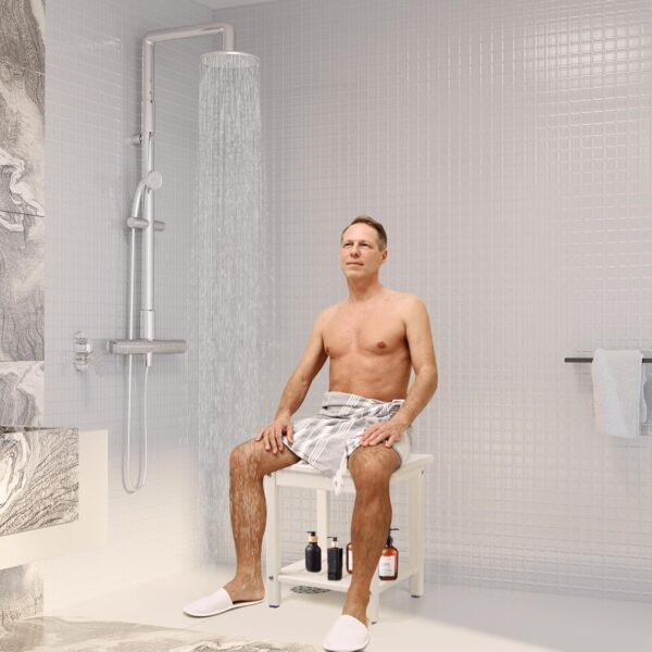 Shower Chair, HDPE Shower Bench for Inside Shower to Sit On It, Shower Stool with Storage Shelf 2-Tier Spa Stool for Elderly,Water Resistant & Non-Slip Design Shower Seat Bench(White S Size) 2
