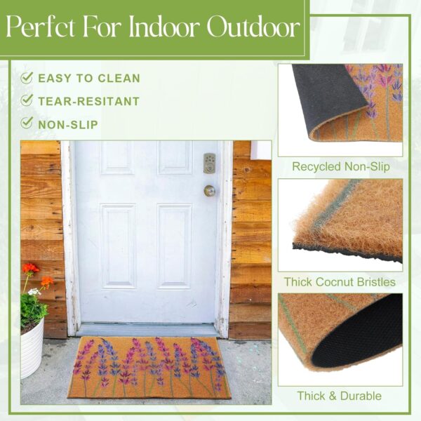 2 Pcs Spring Lavender Welcome Door Mat 24'' x 35'' Green White Plaid Outdoor Rug and 24'' x 16'' Lavender Coir Doormat Non Slip Floral Floor Mat for Outside Entrance Front Porch 3