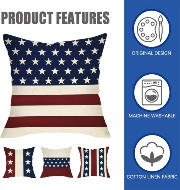 4th of July Patriotic Decorative Throw Pillow Covers 18x18 Set of 4, America USA Rustic Red White Blue Stripes Stars Outdoor Pillowcase, American Independence Day Cushion Case Home Decor 3