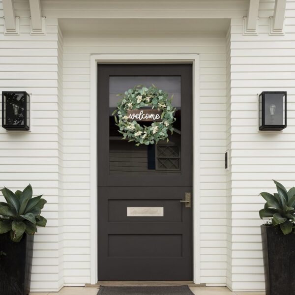 Green Eucalyptus Wreath with Welcome Sign 20in Artificial Spring Summer White Berries for Front Door Wall Window Festival Farmhouse Porch Patio Garden Decor, White,green 3