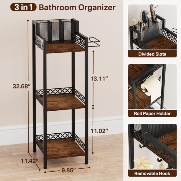 Bathroom Storage and Organizer Shelf Hair Dryer Holder, 9.85in 3-Tier Narrow Metal Standing Rack with Toilet Paper Holder, Corner Stand for Cosmetic, Vanity, Kitchen, Laundry Rustic Brown 3