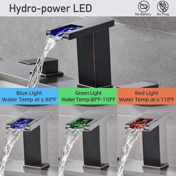 LED Bathroom Faucet 3 Hole, Oil Rubbed Bronze Waterfall Bathroom Faucets, 8 Inch Widespread Modern Bathroom Sink Faucet & Parts, Wide Spread Touch On Three Hole 2 Handle Bathroom Vanity Faucet 3
