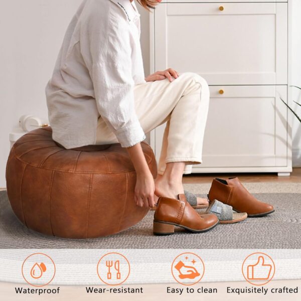 Unstuffed Moroccan Storage Pouf Foot Stool Ottoman Seat Handmade Faux Leather Bean Bag Floor Chair Foot Rest for Living Room, Bedroom or Balcony (Light Brown) 3