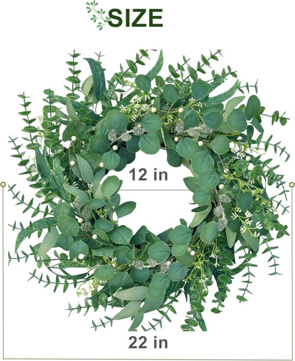 Spring Wreath 22 Inch Spring Summer Wreaths with Eucalyptus Leaves and Berries Seasons Green Eucalyptus Wreath for Farmhouse Porch Front Door Wall Decor and Year Round Use 3