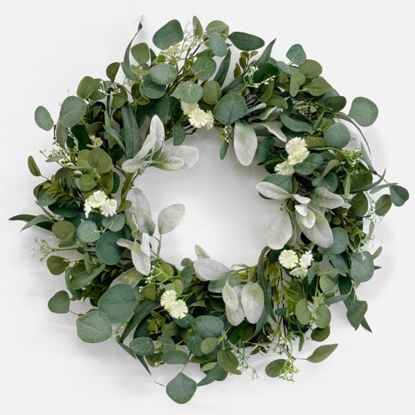 22 Inch Eucalyptus Wreath for Front Door with Hello Sign, Artificial Spring Summer Greenery Wreaths with Lambs Ear & Willow Leaves, All Season Farmhouse Wall Window Porch Decor 3
