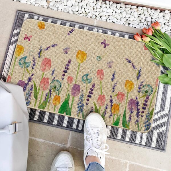 Tulip Lavender Spring Decorative Doormat, Seasonal Flower Summer Holiday Low-Profile Rug Switch Mat for Indoor Outdoor 17x29 Inch 3