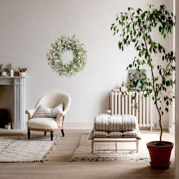 24 Inch Summer Spring Ivory Flowers Wreath for Front Door, Everyday Lamb Ears Leaves Wreath with White Artificial Flower for Indoor and Outdoor, Rustic and Farmhouse Greenery Flower 3