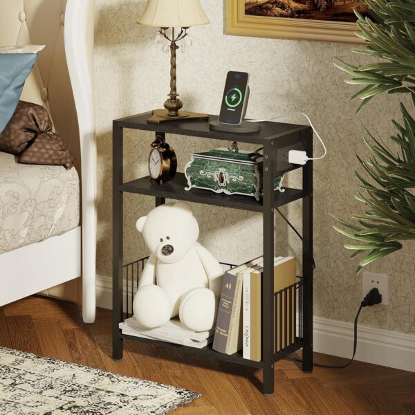 arrow Side Table with Charging Station, Small End Table for Small Spaces, Slim Nightstand with Storage Basket, 3 Tier Skinny Bedside Table for Living Room, Bedroom, Black 3
