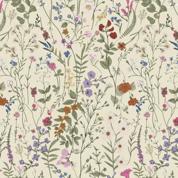 Wallpaper Self-Adhesive Blooming Vintage Colourful Flowers Wall Paper for Bedroom Living Room Cabinet, Peel and Stick Beige Sketch Little Flowers Wallpaper Mural 14.2 sq. feet (118.1"x17.3") 3