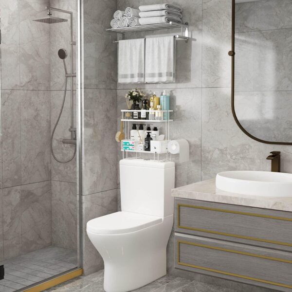 Bathroom Organizer - Over The Toilet Storage Cabinet, 2-Tier Floating Shelves, Wall Shelf with 2 Hooks & Paper Rack, Cool Accessories & Decor, Gifts for Women, Mothers Day (White) 3
