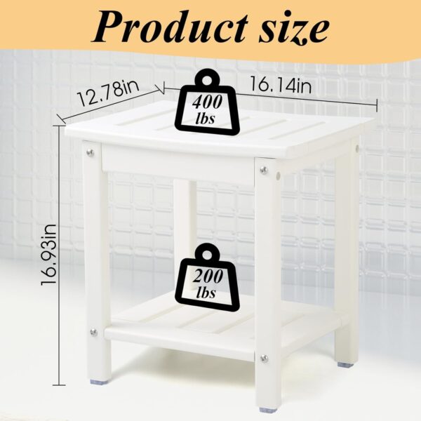 Shower Chair, HDPE Shower Bench for Inside Shower to Sit On It, Shower Stool with Storage Shelf 2-Tier Spa Stool for Elderly,Water Resistant & Non-Slip Design Shower Seat Bench(White S Size) 3