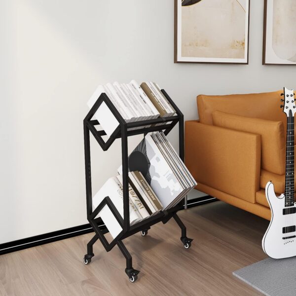 Bookshelf Book Rack Industrial Metal Bookcase 2 Tier Holder with Wheels Modern Stylish Design Magazines Files Album Recipe Book Storage Organizer for Sofa End Bed Beside 4