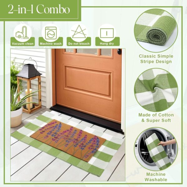 2 Pcs Spring Lavender Welcome Door Mat 24'' x 35'' Green White Plaid Outdoor Rug and 24'' x 16'' Lavender Coir Doormat Non Slip Floral Floor Mat for Outside Entrance Front Porch 4