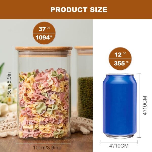 Glass Food Storage Jars 37 oz Set of 6,Glass Storage Containers Clear Glass Food Canister with Bamboo Lid Airtight For Serving Tea, Coffee, Flour, Sugar, Candy, Cookie, Spice and More (Square) 4