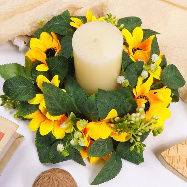 Sunflower Candle Ring Mini Summer Wreath Artificial Flower Pillar Holder 10" for Table Centerpieces Home Garland Farmhouse Wedding Rustic Party Decoration 4