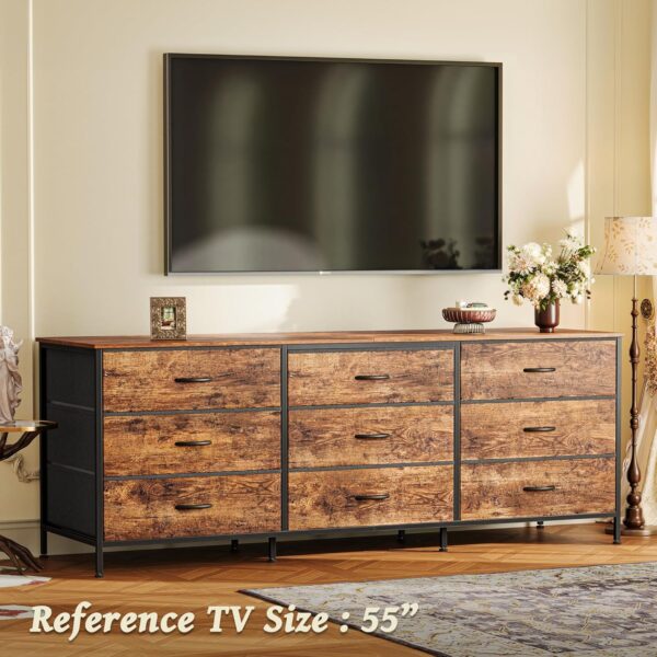 63 Inch Dresser for Bedroom, Dresser for Closet with 9 Drawers, Large TV Stand for 55, 65, 70 Inch TV, Entertainment Center with Storage, Wide Long Chest of Drawers, Rustic Brown 4