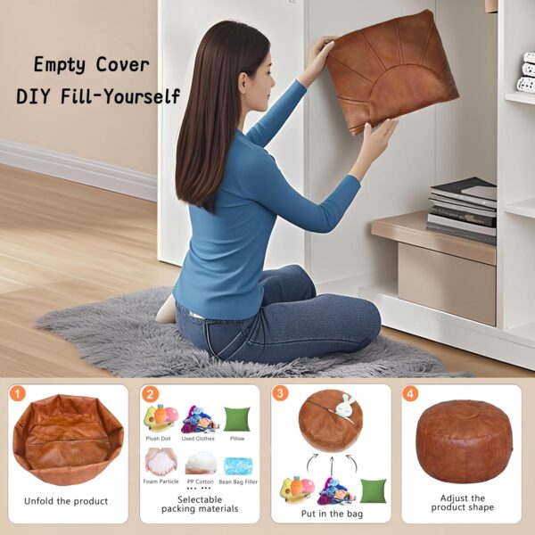 Unstuffed Moroccan Storage Pouf Foot Stool Ottoman Seat Handmade Faux Leather Bean Bag Floor Chair Foot Rest for Living Room, Bedroom or Balcony (Light Brown) 4