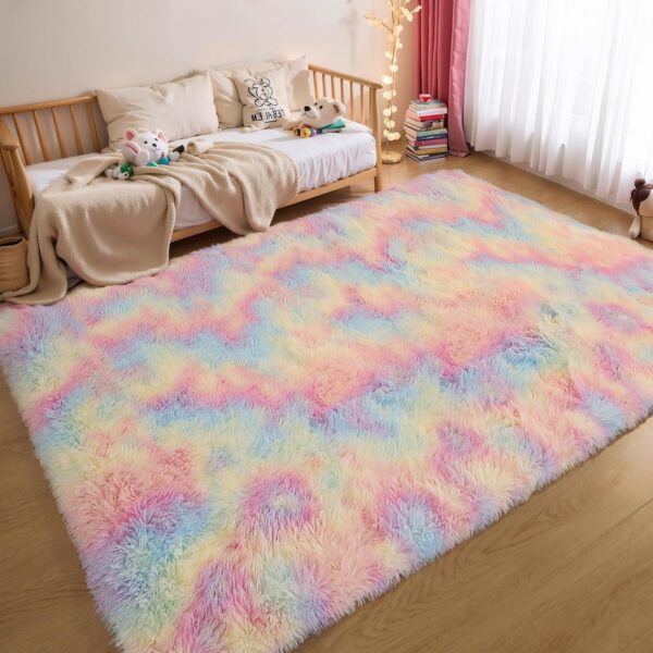 4x6 Rainbow Fluffy Shaggy Area Rugs, Kawaii Princess Soft Plush Carpet for Girls Bedroom Kids Playroom, Cute Colorful Fuzzy Rug for Nursery Dorm Baby Toddler Teenage 4