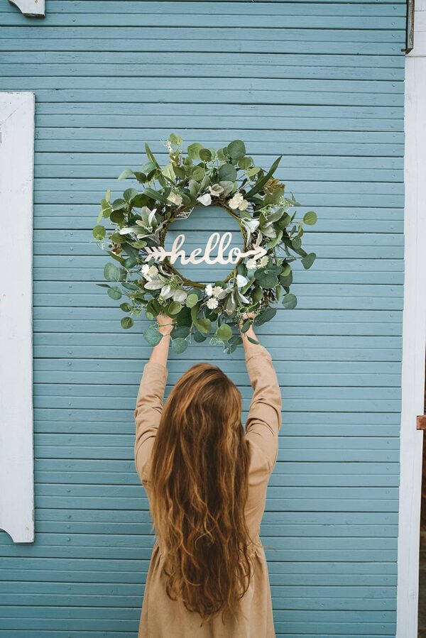 22 Inch Eucalyptus Wreath for Front Door with Hello Sign, Artificial Spring Summer Greenery Wreaths with Lambs Ear & Willow Leaves, All Season Farmhouse Wall Window Porch Decor 4