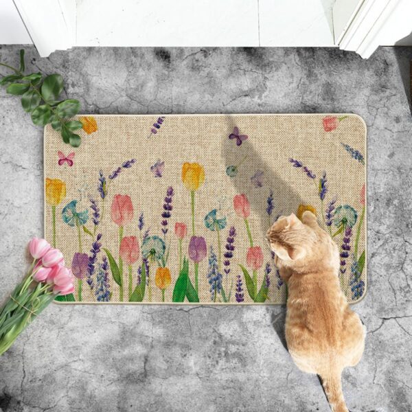Tulip Lavender Spring Decorative Doormat, Seasonal Flower Summer Holiday Low-Profile Rug Switch Mat for Indoor Outdoor 17x29 Inch 4