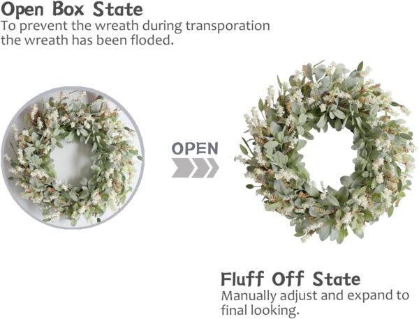 24 Inch Summer Spring Ivory Flowers Wreath for Front Door, Everyday Lamb Ears Leaves Wreath with White Artificial Flower for Indoor and Outdoor, Rustic and Farmhouse Greenery Flower 4