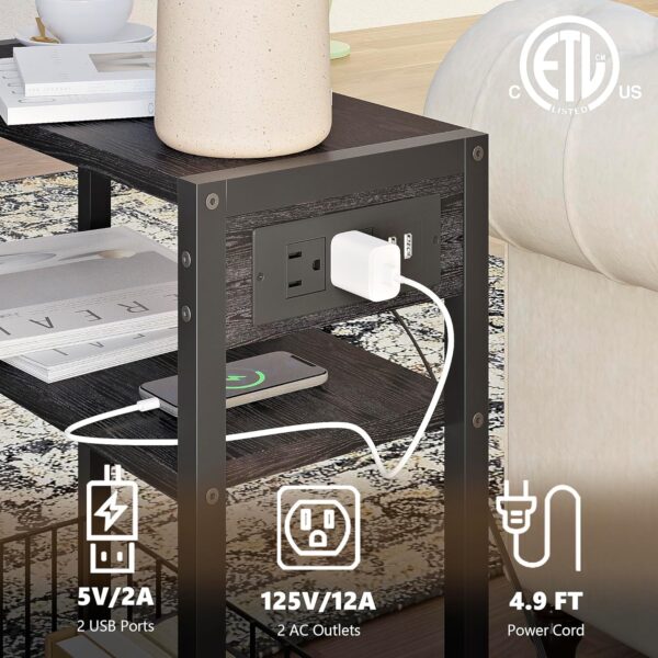 arrow Side Table with Charging Station, Small End Table for Small Spaces, Slim Nightstand with Storage Basket, 3 Tier Skinny Bedside Table for Living Room, Bedroom, Black 2